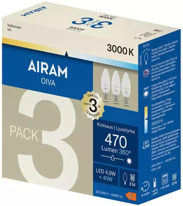 LED C35 830 E14 3 PACK AIRAM - E14 Lamput - 6435200308733 - 1