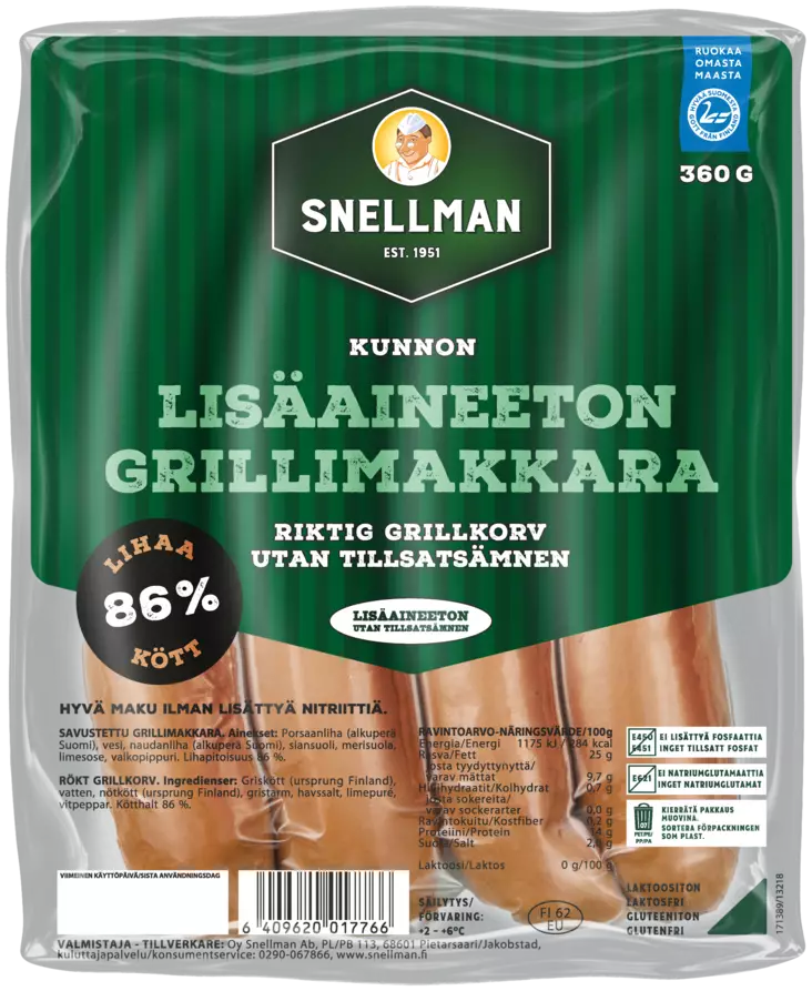 LISÄAINEETON GRILLIMAKKARA SNELLMAN - Makkarat ja Nakit - 6409620017766 - 1