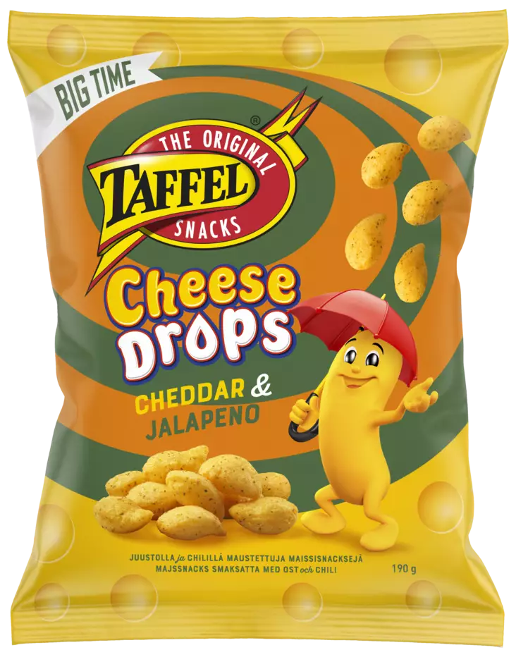 CHEESE DROPS CHEDDAR&JALAPENO 190G - Sipsit ja snacksit - 6410380050337 - 1