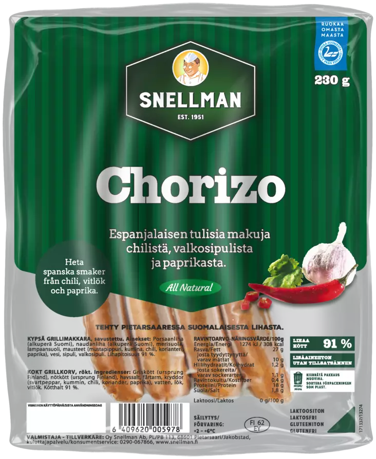 ALL NATURAL CHORIZO snelmam - Makkarat ja Nakit - 6409620005978 - 1